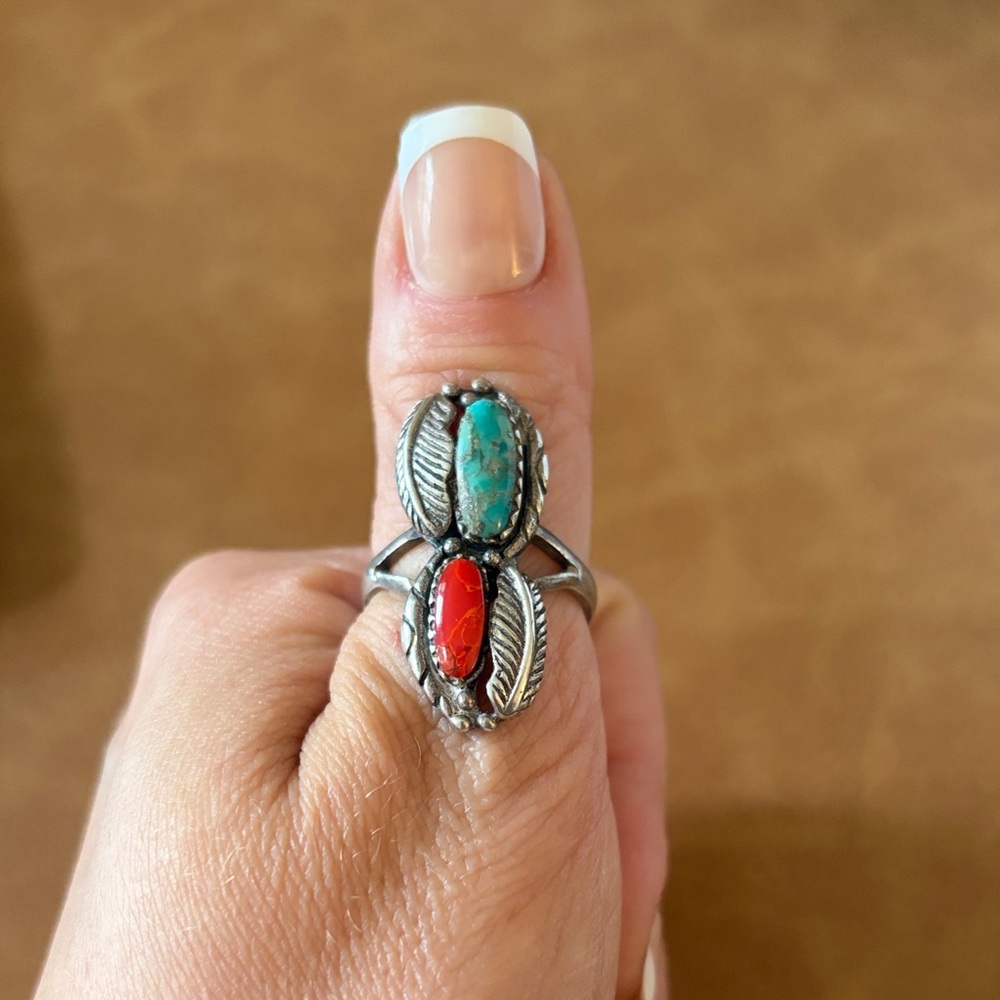 Sterling Silver Double Stone Turquoise and Red Coral Ring - Women's Jewelry